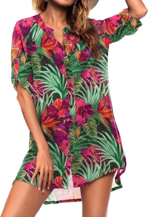Ekouaer Bathing Suit Cover Up for Women V Neck Button Down Swimsuit Coverup Beach Dress Shirt S-3XL