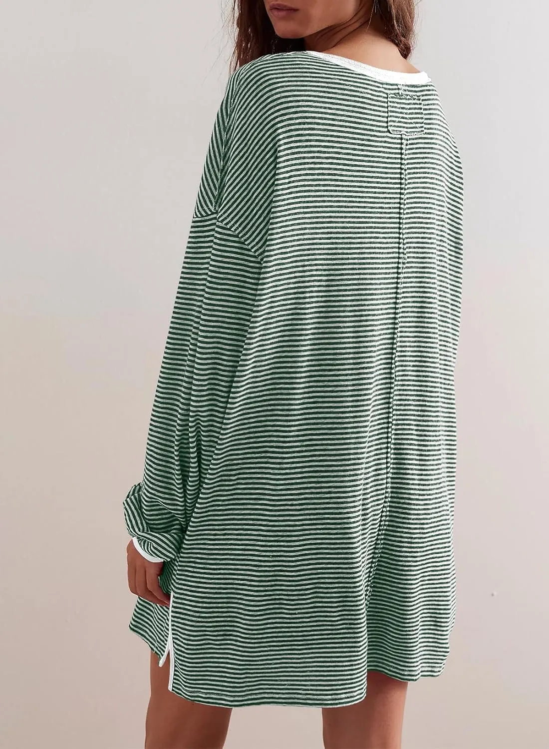 EVALESS Long Sleeve Shirts for Women Trendy Lightweight Crew Neck Striped Tee Shirt Top