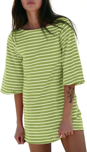 EXLURA Women's Summer T Shirt Dress Casual Short Sleeve Loose Striped Mini Dresses 2025 Vacation Beach Sundress Pockets