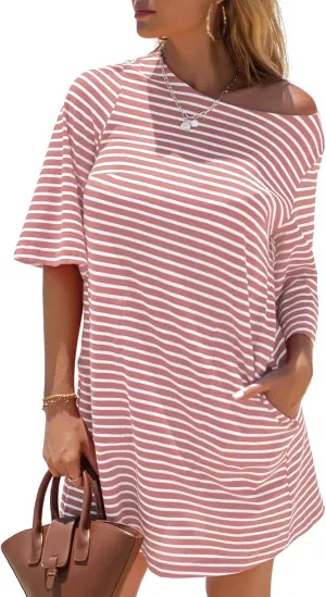 EXLURA Women's Summer T Shirt Dress Casual Short Sleeve Loose Striped Mini Dresses 2025 Vacation Beach Sundress Pockets