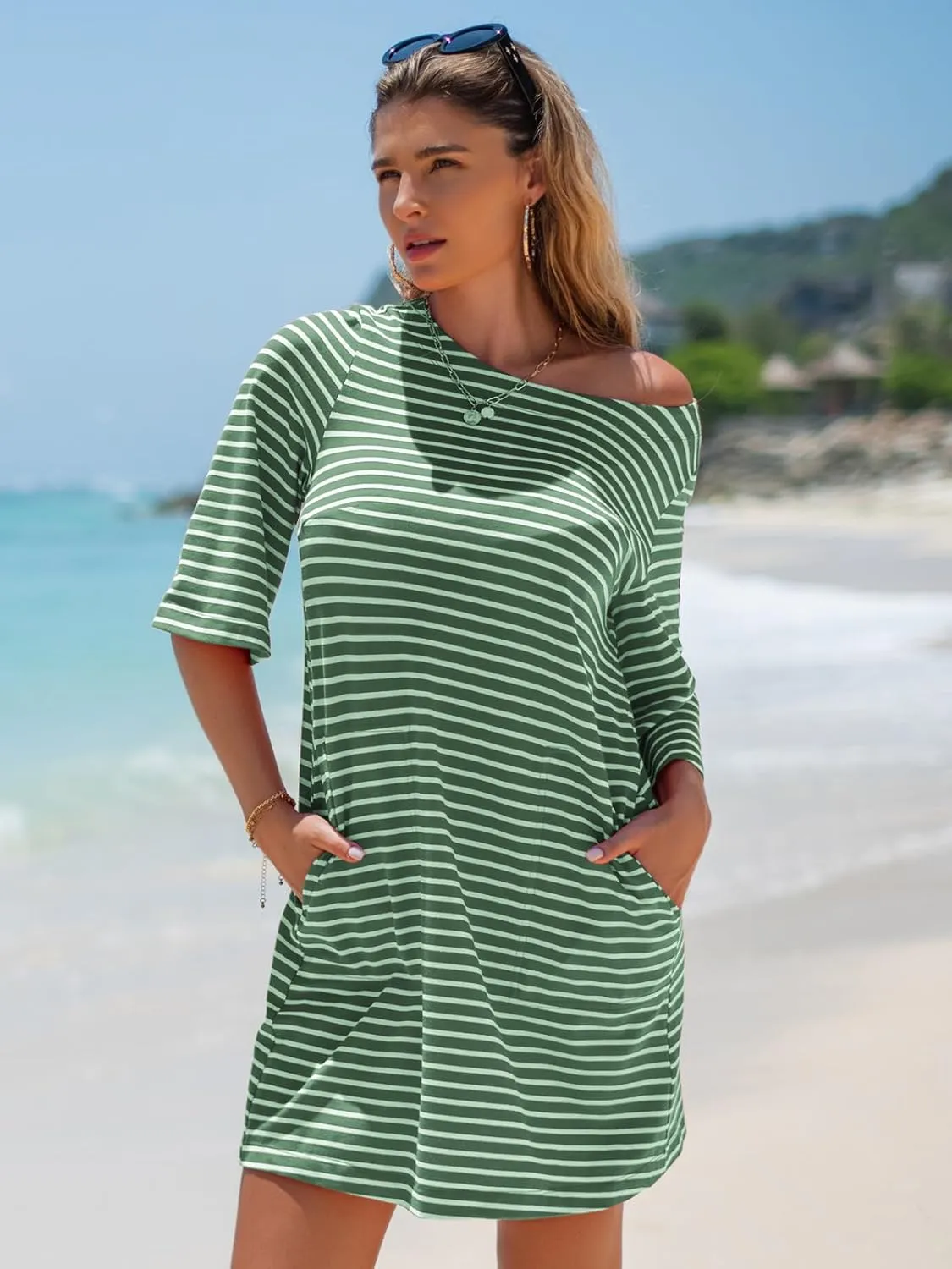 EXLURA Women's Summer T Shirt Dress Casual Short Sleeve Loose Striped Mini Dresses 2025 Vacation Beach Sundress Pockets