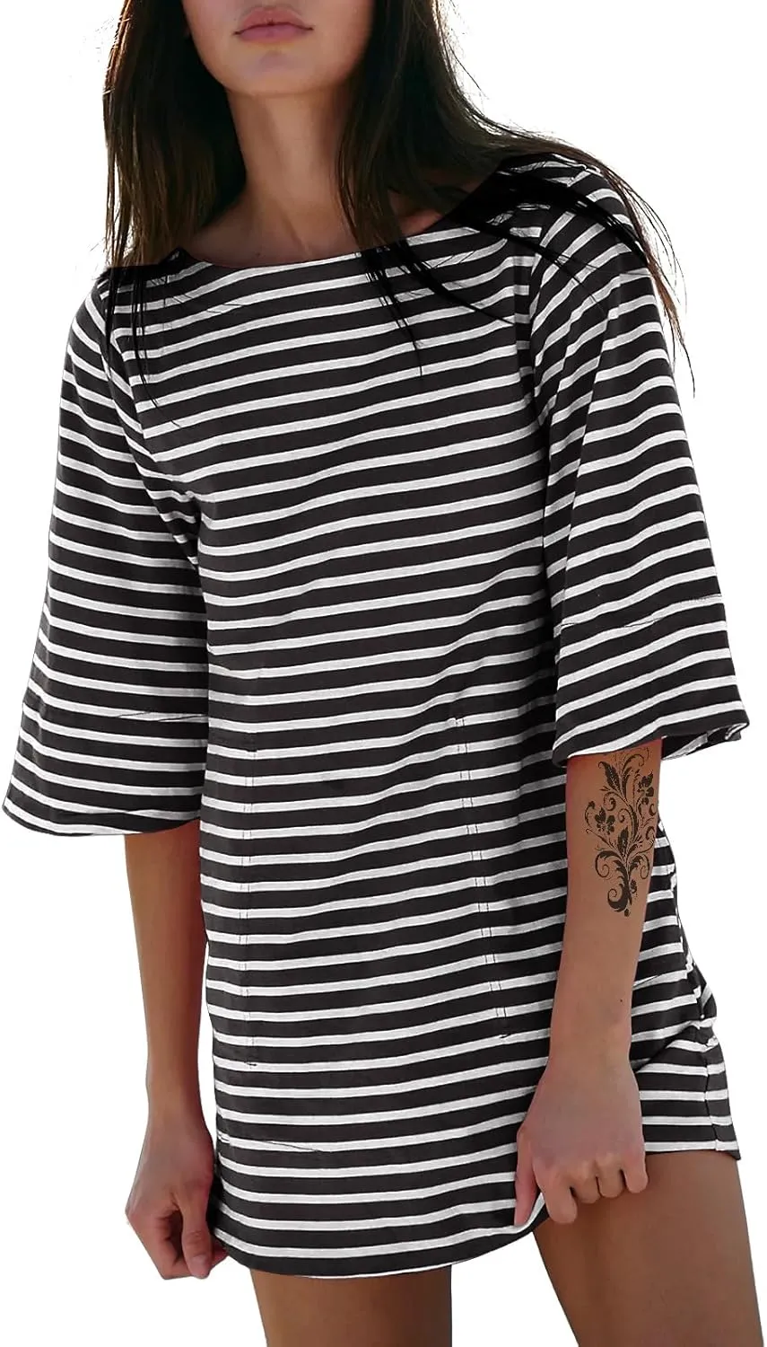 EXLURA Women's Summer T Shirt Dress Casual Short Sleeve Loose Striped Mini Dresses 2025 Vacation Beach Sundress Pockets
