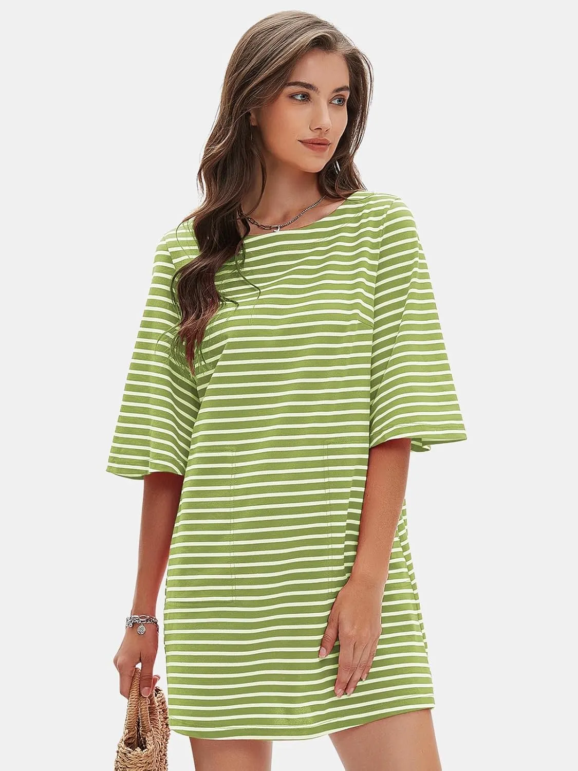 EXLURA Women's Summer T Shirt Dress Casual Short Sleeve Loose Striped Mini Dresses 2025 Vacation Beach Sundress Pockets