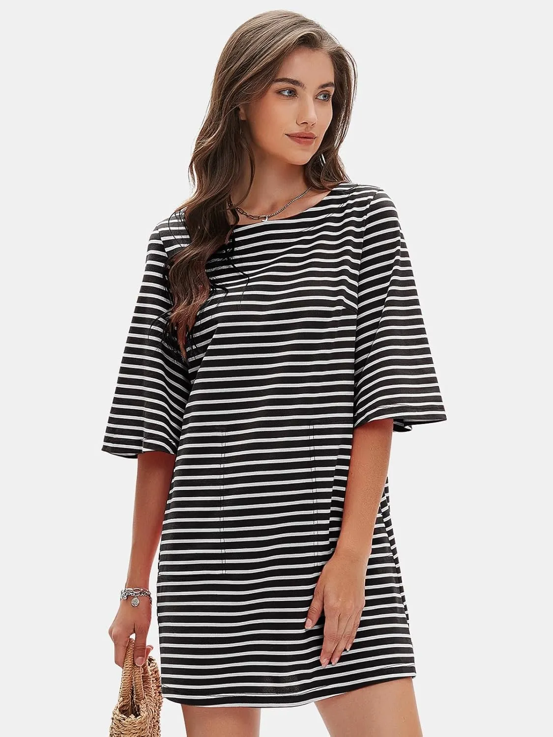 EXLURA Women's Summer T Shirt Dress Casual Short Sleeve Loose Striped Mini Dresses 2025 Vacation Beach Sundress Pockets