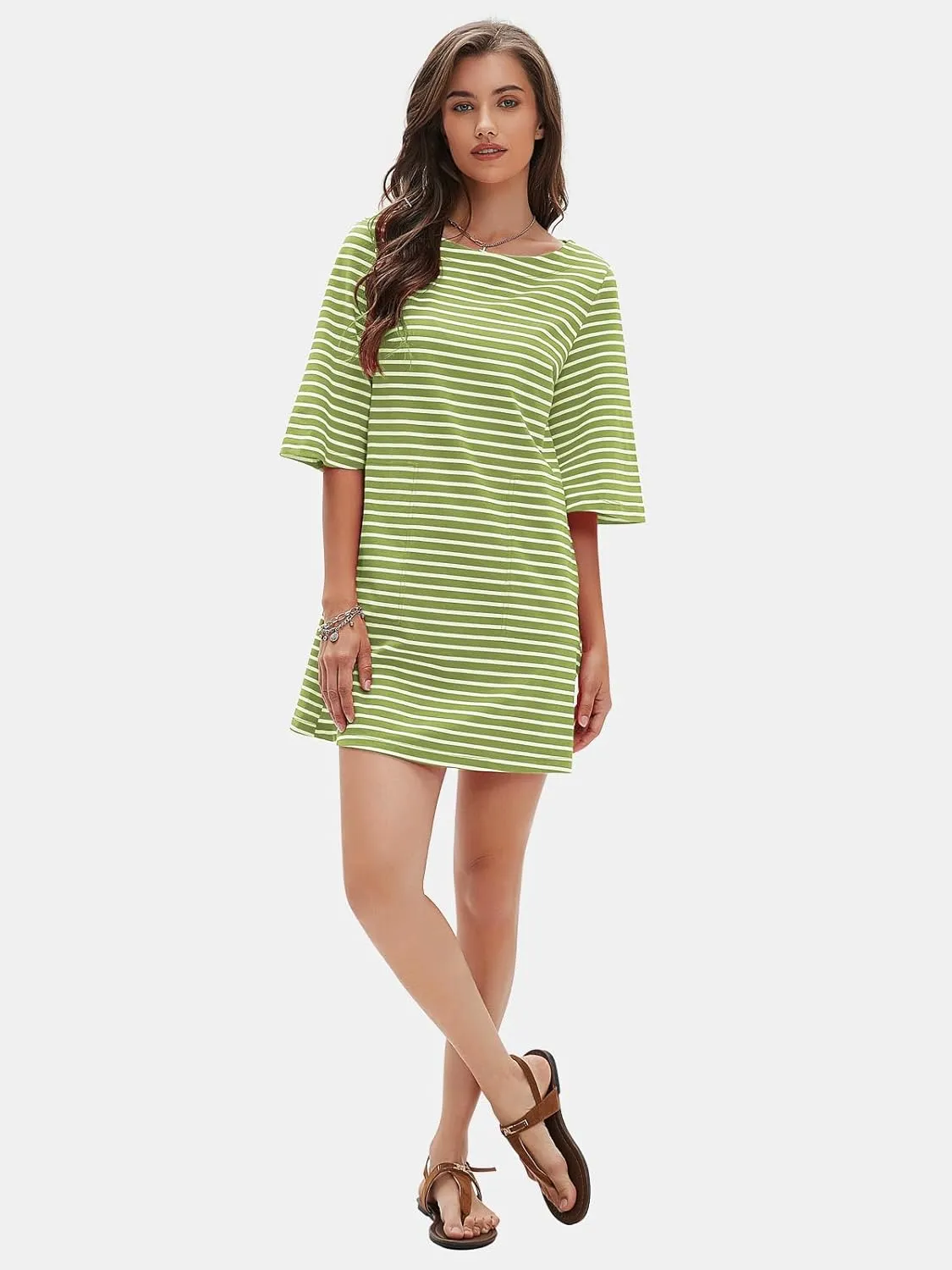 EXLURA Women's Summer T Shirt Dress Casual Short Sleeve Loose Striped Mini Dresses 2025 Vacation Beach Sundress Pockets