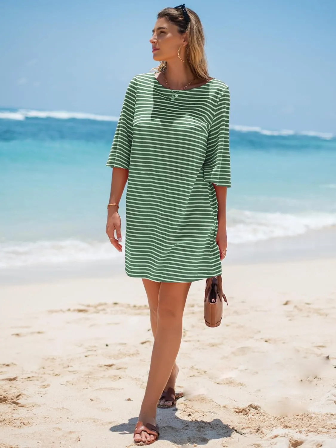 EXLURA Women's Summer T Shirt Dress Casual Short Sleeve Loose Striped Mini Dresses 2025 Vacation Beach Sundress Pockets