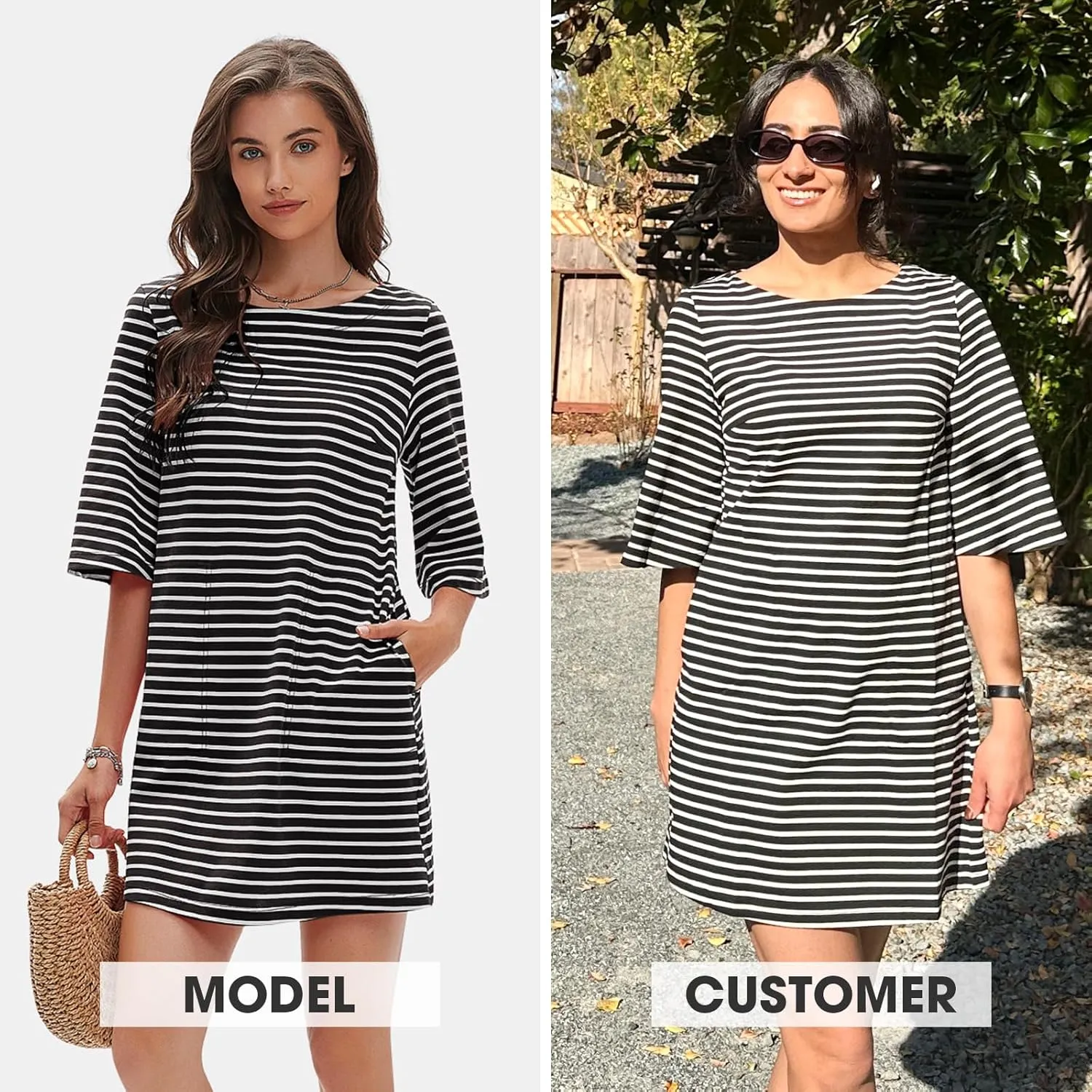 EXLURA Women's Summer T Shirt Dress Casual Short Sleeve Loose Striped Mini Dresses 2025 Vacation Beach Sundress Pockets