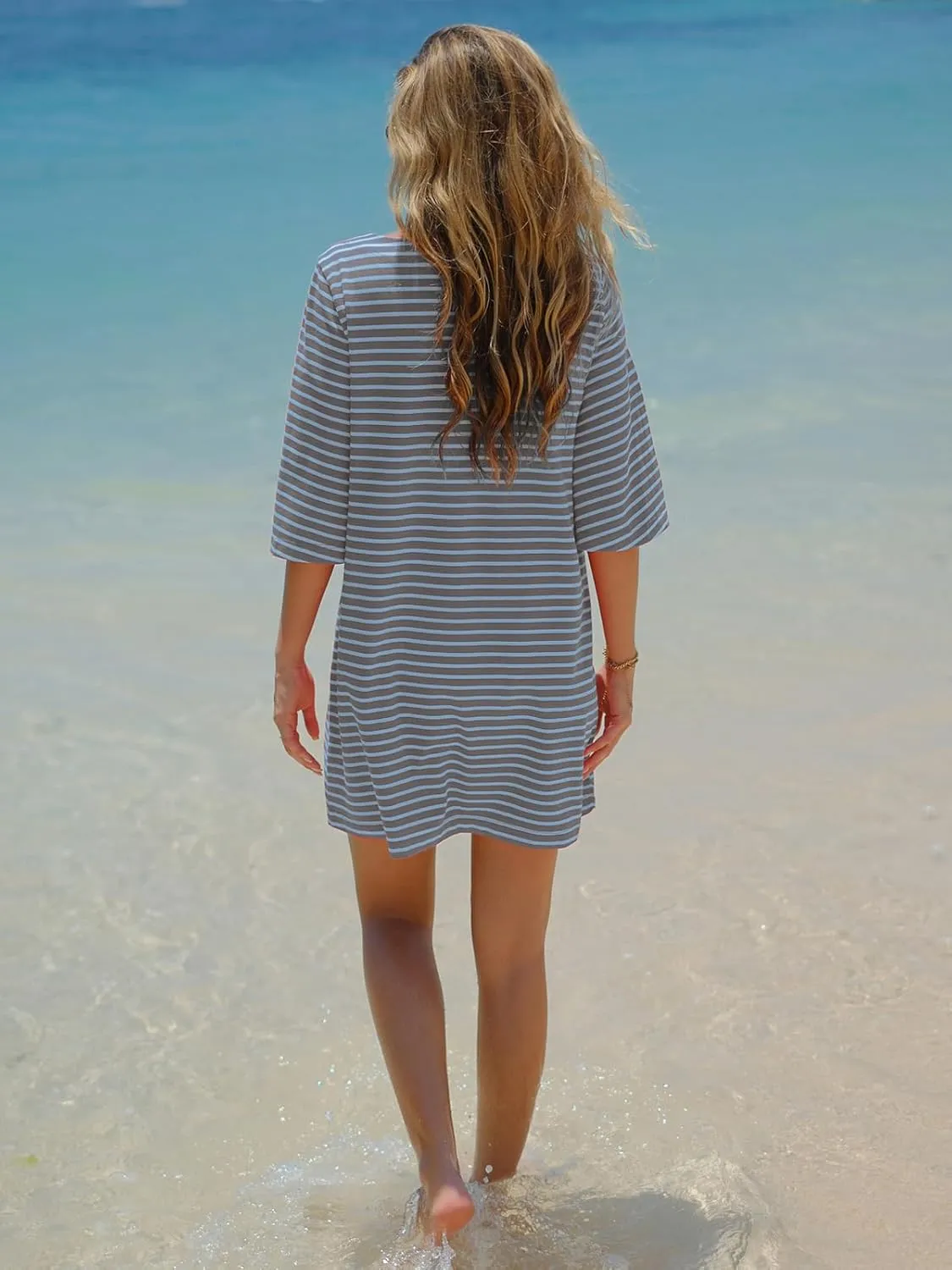 EXLURA Women's Summer T Shirt Dress Casual Short Sleeve Loose Striped Mini Dresses 2025 Vacation Beach Sundress Pockets