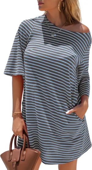 EXLURA Women's Summer T Shirt Dress Casual Short Sleeve Loose Striped Mini Dresses 2025 Vacation Beach Sundress Pockets