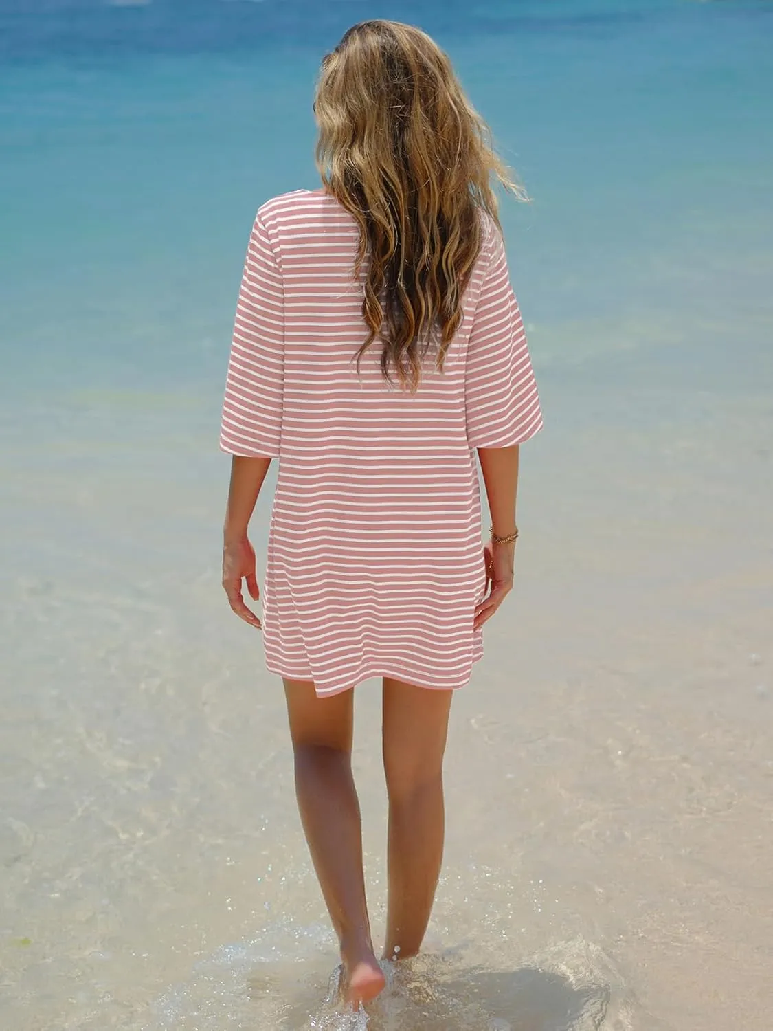 EXLURA Women's Summer T Shirt Dress Casual Short Sleeve Loose Striped Mini Dresses 2025 Vacation Beach Sundress Pockets