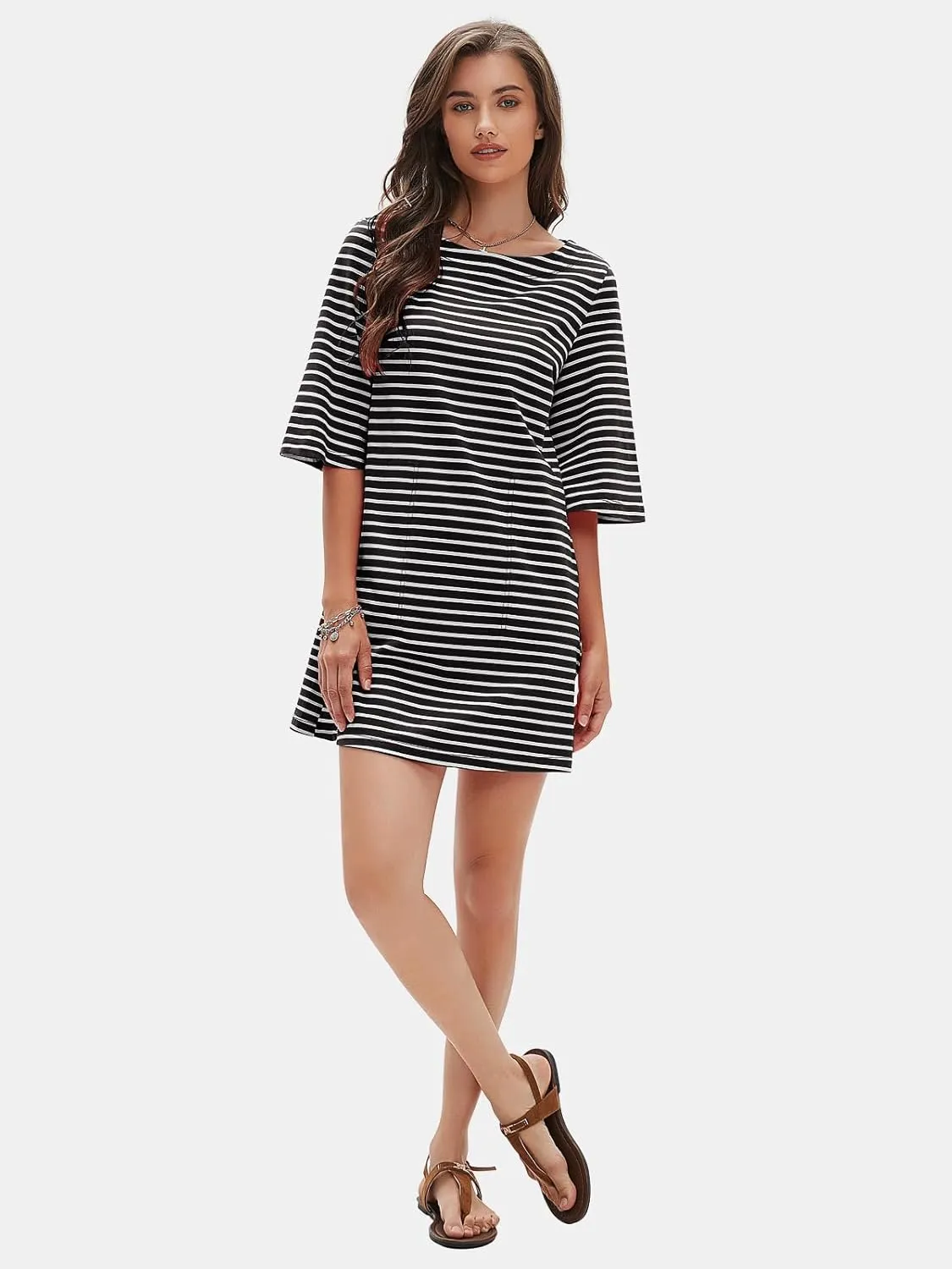 EXLURA Women's Summer T Shirt Dress Casual Short Sleeve Loose Striped Mini Dresses 2025 Vacation Beach Sundress Pockets
