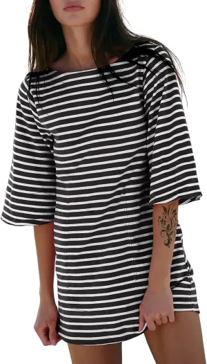 EXLURA Women's Summer T Shirt Dress Casual Short Sleeve Loose Striped Mini Dresses 2025 Vacation Beach Sundress Pockets