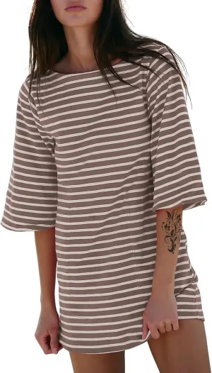EXLURA Women's Summer T Shirt Dress Casual Short Sleeve Loose Striped Mini Dresses 2025 Vacation Beach Sundress Pockets
