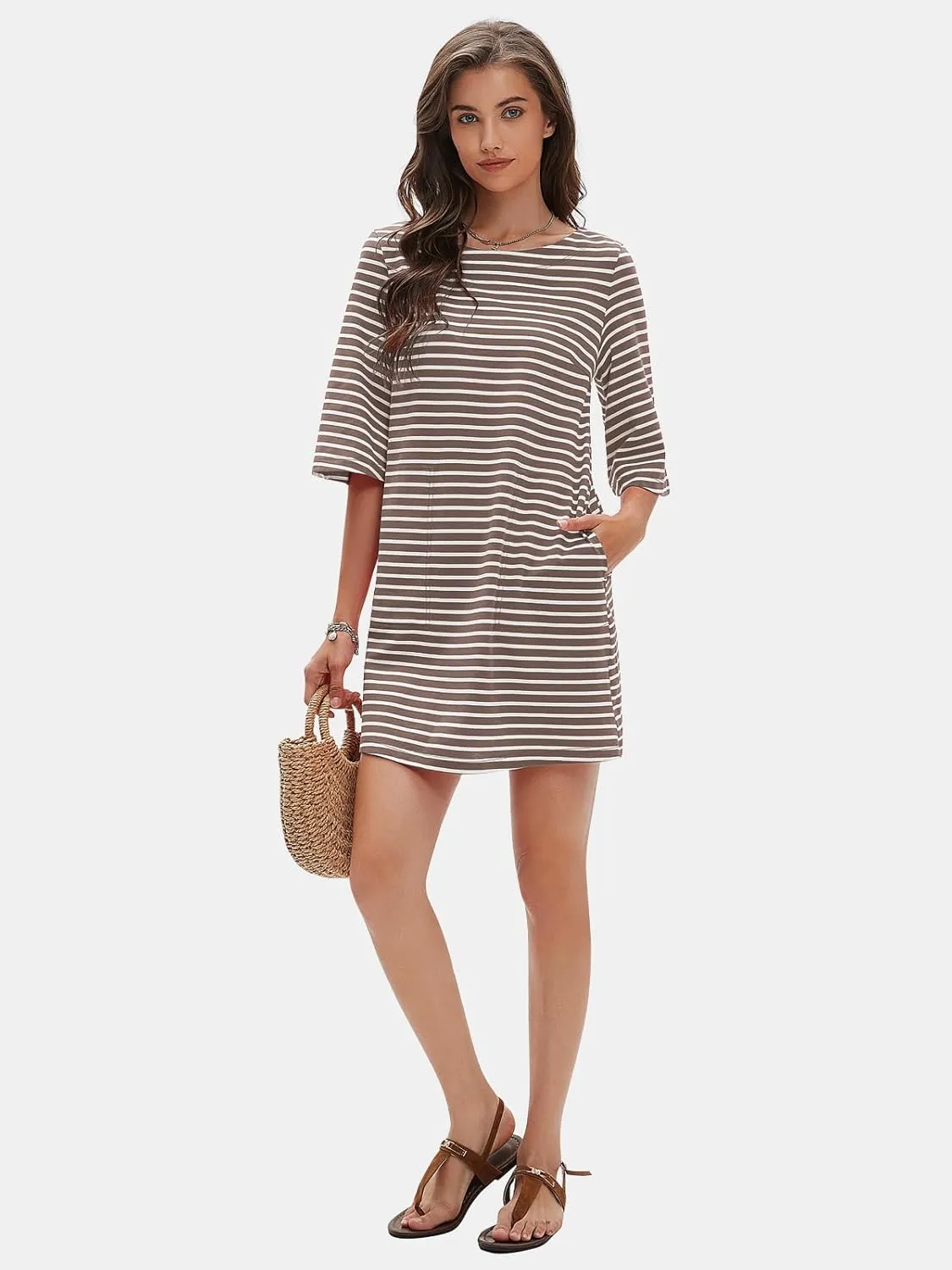 EXLURA Women's Summer T Shirt Dress Casual Short Sleeve Loose Striped Mini Dresses 2025 Vacation Beach Sundress Pockets