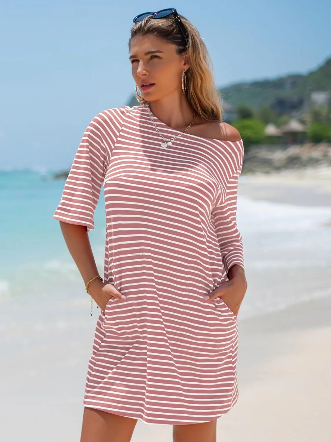 EXLURA Women's Summer T Shirt Dress Casual Short Sleeve Loose Striped Mini Dresses 2025 Vacation Beach Sundress Pockets