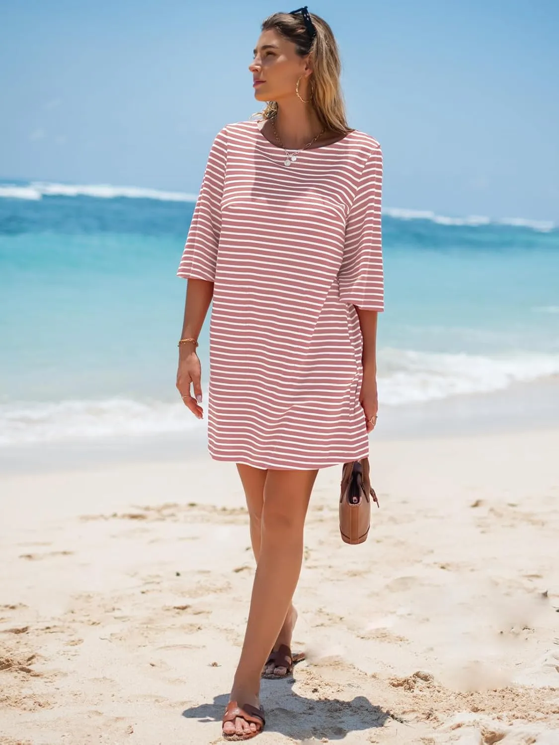 EXLURA Women's Summer T Shirt Dress Casual Short Sleeve Loose Striped Mini Dresses 2025 Vacation Beach Sundress Pockets
