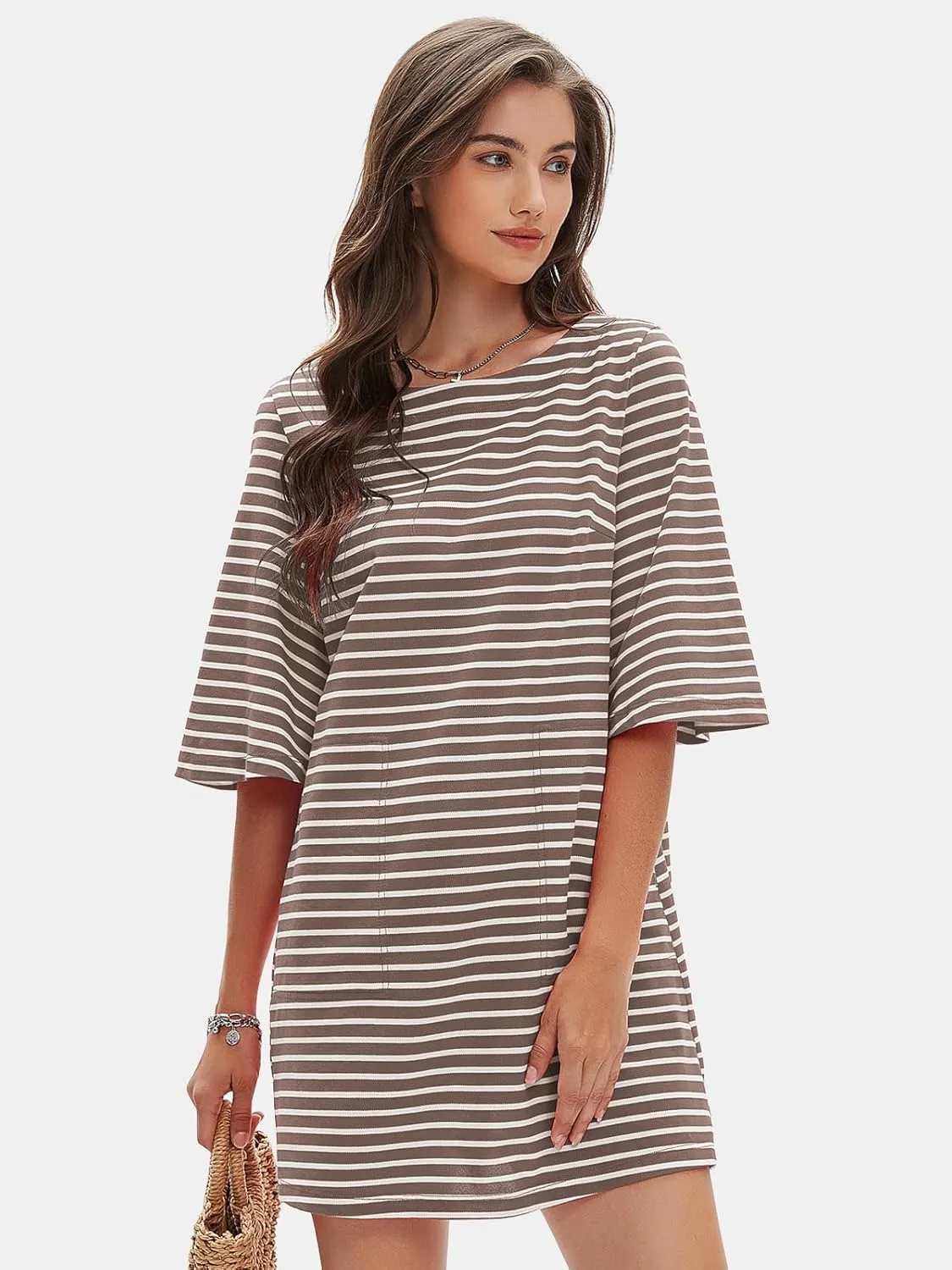 EXLURA Women's Summer T Shirt Dress Casual Short Sleeve Loose Striped Mini Dresses 2025 Vacation Beach Sundress Pockets