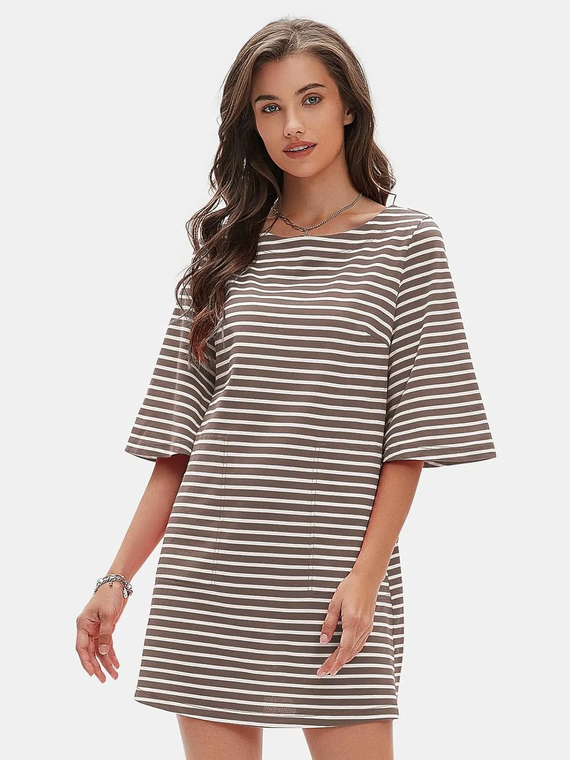 EXLURA Women's Summer T Shirt Dress Casual Short Sleeve Loose Striped Mini Dresses 2025 Vacation Beach Sundress Pockets