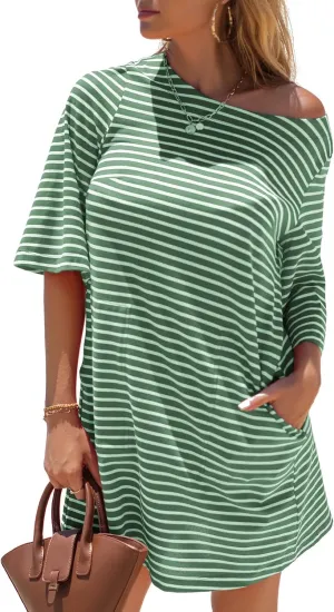 EXLURA Women's Summer T Shirt Dress Casual Short Sleeve Loose Striped Mini Dresses 2025 Vacation Beach Sundress Pockets
