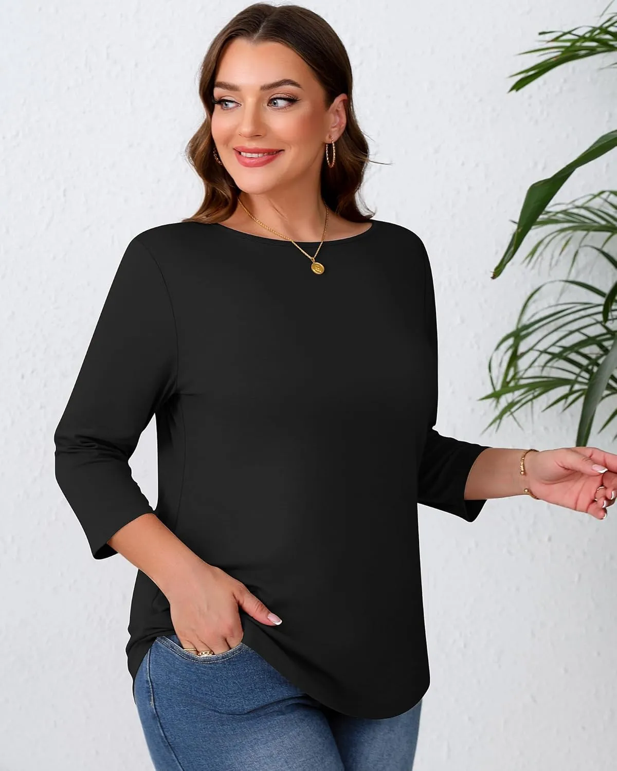 Ficerd 3 Pack Plus Size Tops for Women Dressy 3/4 Sleeves Crew Neck T Shirt Loose Fit Casual Basic Tunic Blouses Tee