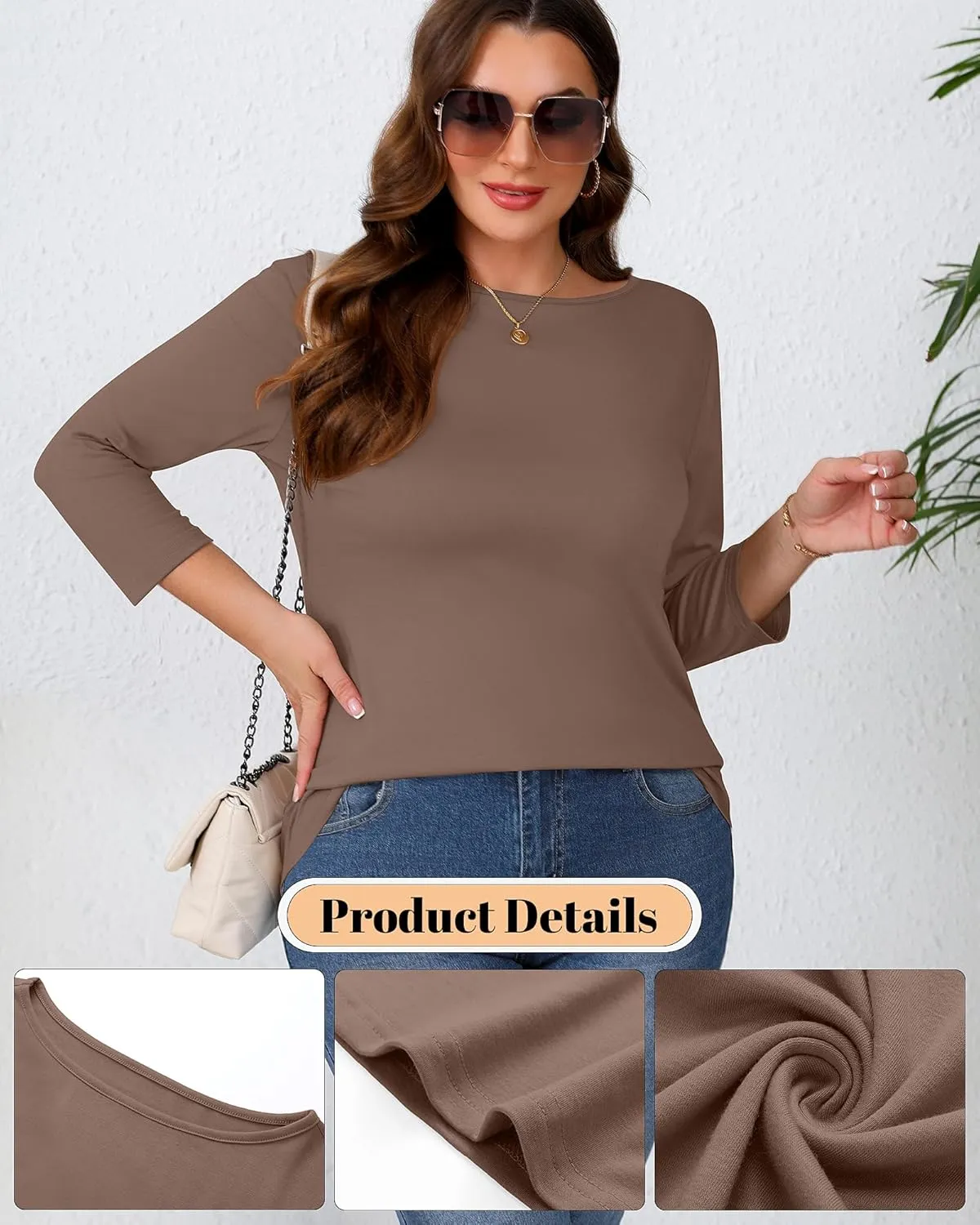 Ficerd 3 Pack Plus Size Tops for Women Dressy 3/4 Sleeves Crew Neck T Shirt Loose Fit Casual Basic Tunic Blouses Tee