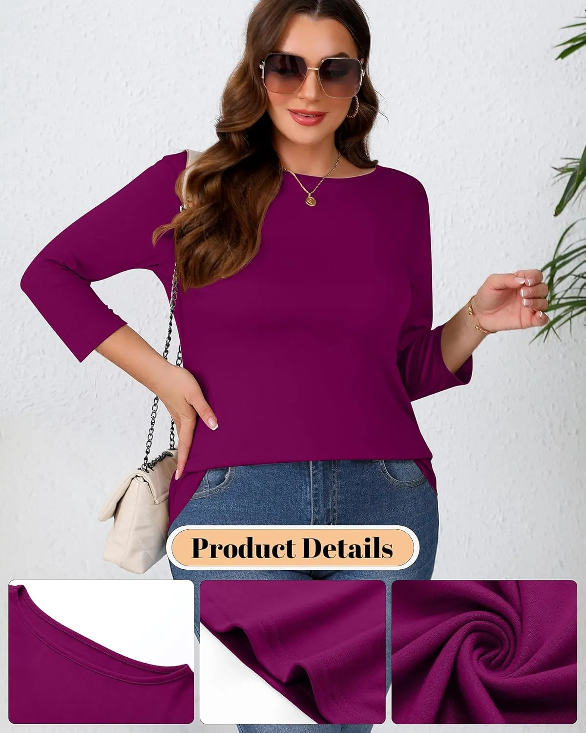 Ficerd 3 Pack Plus Size Tops for Women Dressy 3/4 Sleeves Crew Neck T Shirt Loose Fit Casual Basic Tunic Blouses Tee