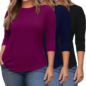 Ficerd 3 Pack Plus Size Tops for Women Dressy 3/4 Sleeves Crew Neck T Shirt Loose Fit Casual Basic Tunic Blouses Tee