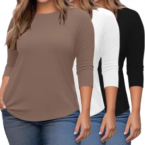 Ficerd 3 Pack Plus Size Tops for Women Dressy 3/4 Sleeves Crew Neck T Shirt Loose Fit Casual Basic Tunic Blouses Tee