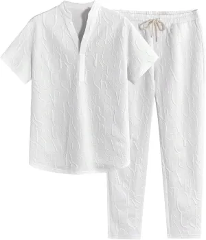 GORGLITTER Men's 2 Piece Linen Set Textured Short Sleeve T Shirt and Pants Sets