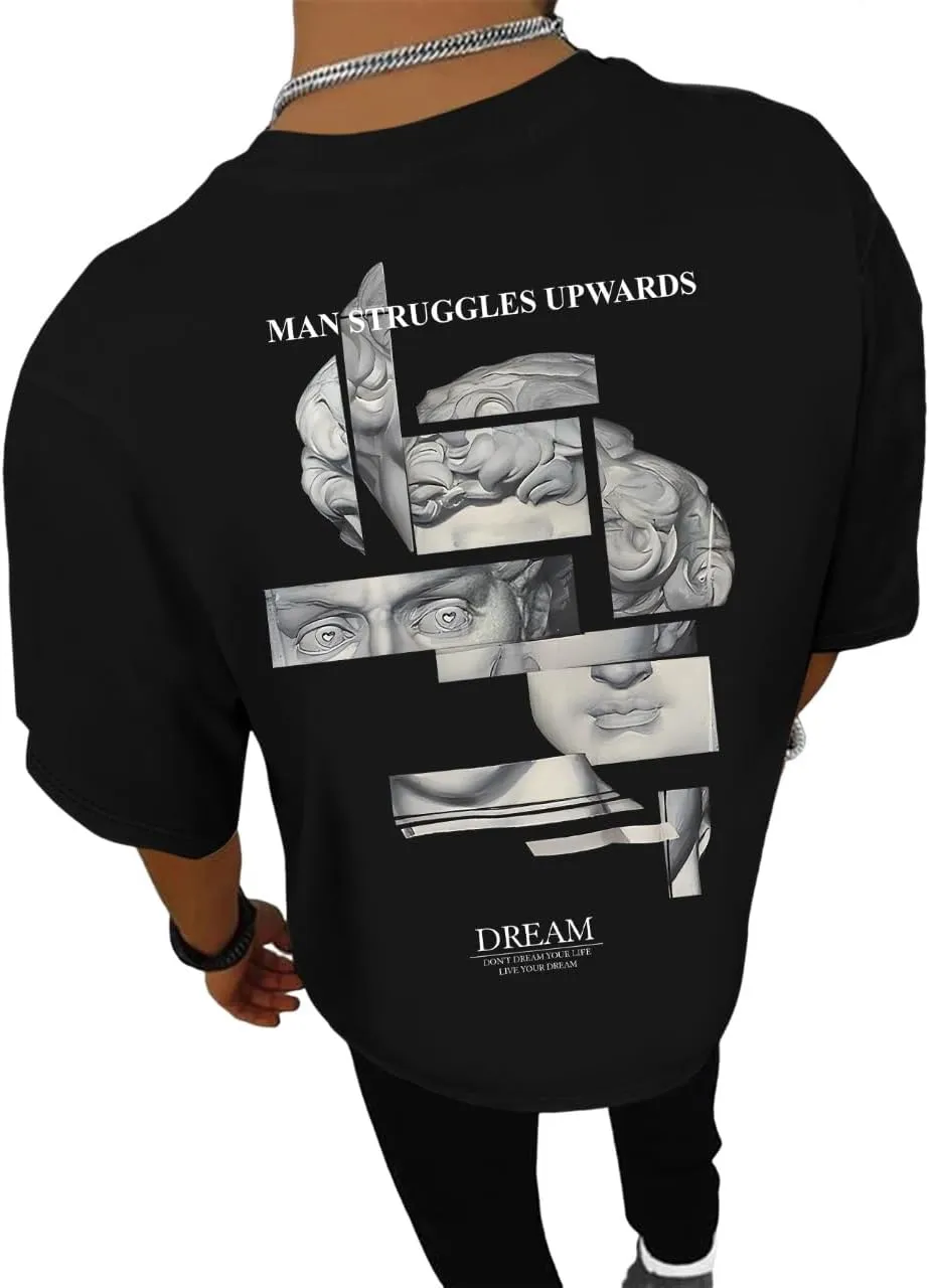 GORGLITTER Men's Cool Graphic T Shirts Oversized Short Sleeve Drop Shoulder Crewneck Tee Top
