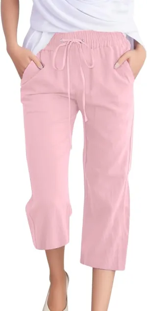 high Waisted Trousers Women, Today Capri Pants for Women Casual Summer Cotton Linen Capris Drawstring Elastic High Waist Pants Wide Leg Cropped Trouser Pink XXL
