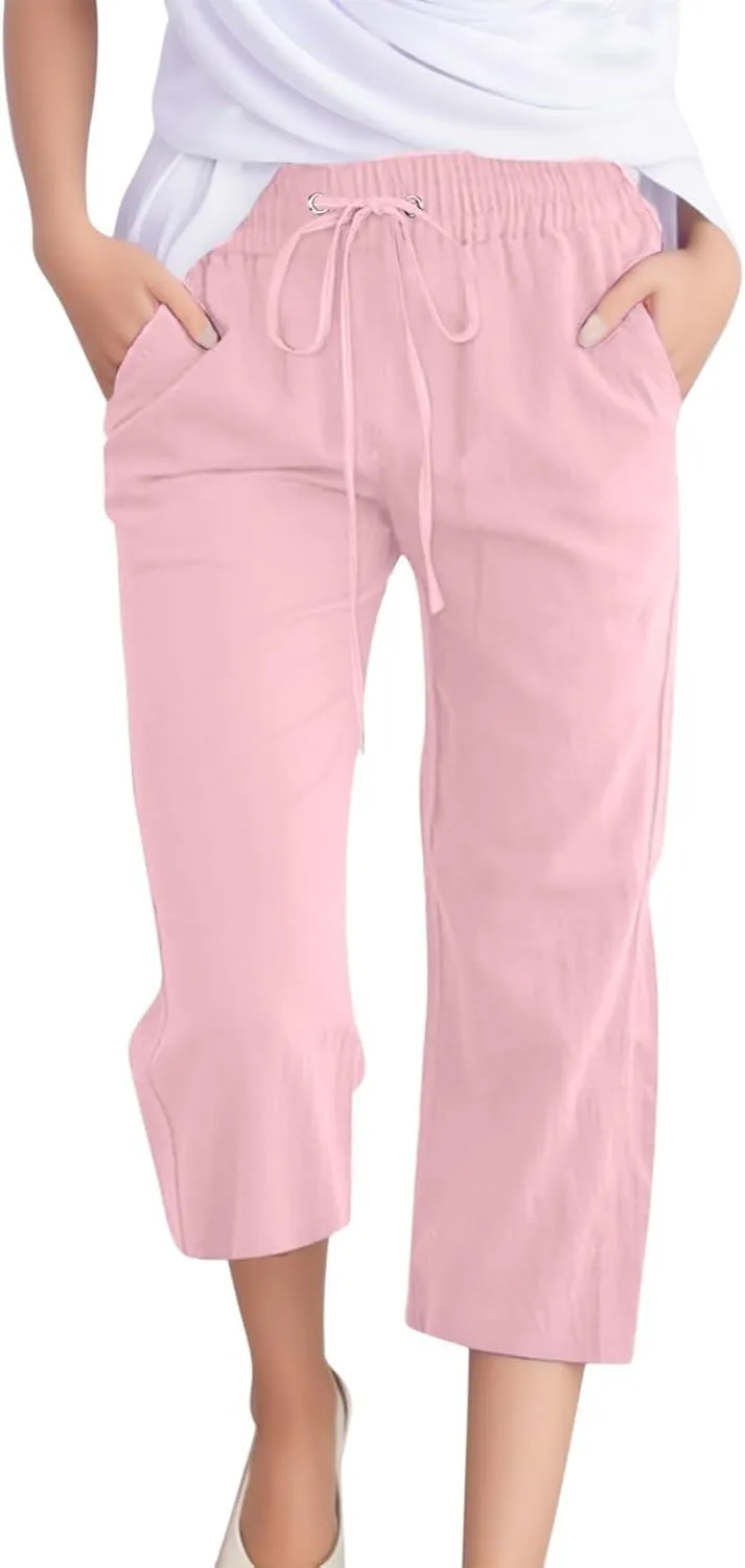 high Waisted Trousers Women, Today Capri Pants for Women Casual Summer Cotton Linen Capris Drawstring Elastic High Waist Pants Wide Leg Cropped Trouser Pink XXL