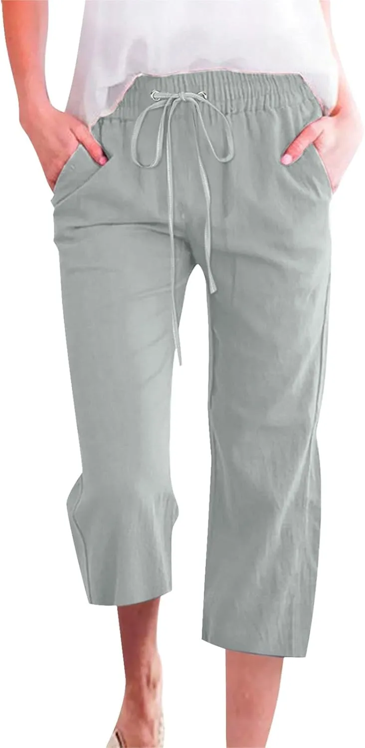 high Waisted Trousers Women,Walmart Capri Pants for Women Casual Summer Cotton Linen Capris Drawstring Elastic High Waist Pants Wide Leg Cropped Trouser Mint Green XXL