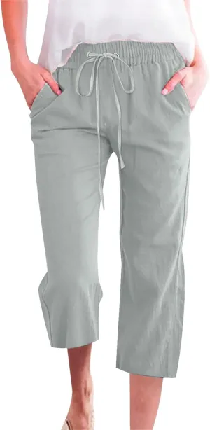 high Waisted Trousers Women,Walmart Capri Pants for Women Casual Summer Cotton Linen Capris Drawstring Elastic High Waist Pants Wide Leg Cropped Trouser Mint Green XXL