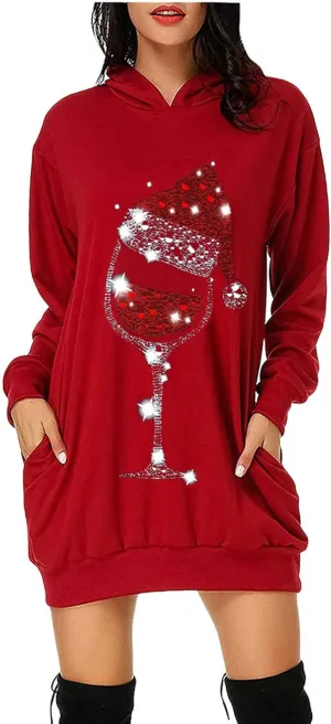 Hoodie Dresses for Women Oversized Long Sleeve Christmas Print Sweaters Jumper Casual Elegant Long Tops with Pockets