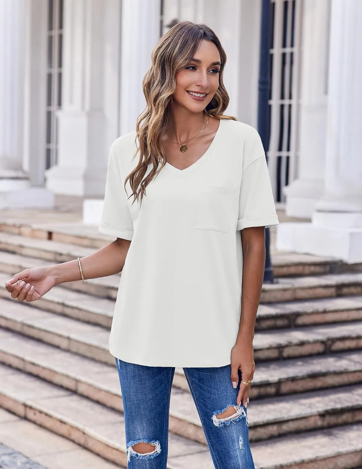 HOTOUCH Women Oversized T Shirts V Neck Short Sleeve Tees Casual Loose Tunic Summer Tops with Pocket