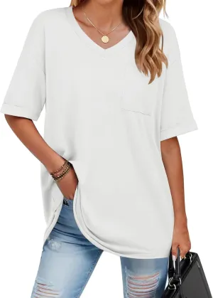 HOTOUCH Women Oversized T Shirts V Neck Short Sleeve Tees Casual Loose Tunic Summer Tops with Pocket