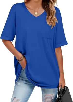 HOTOUCH Women Oversized T Shirts V Neck Short Sleeve Tees Casual Loose Tunic Summer Tops with Pocket