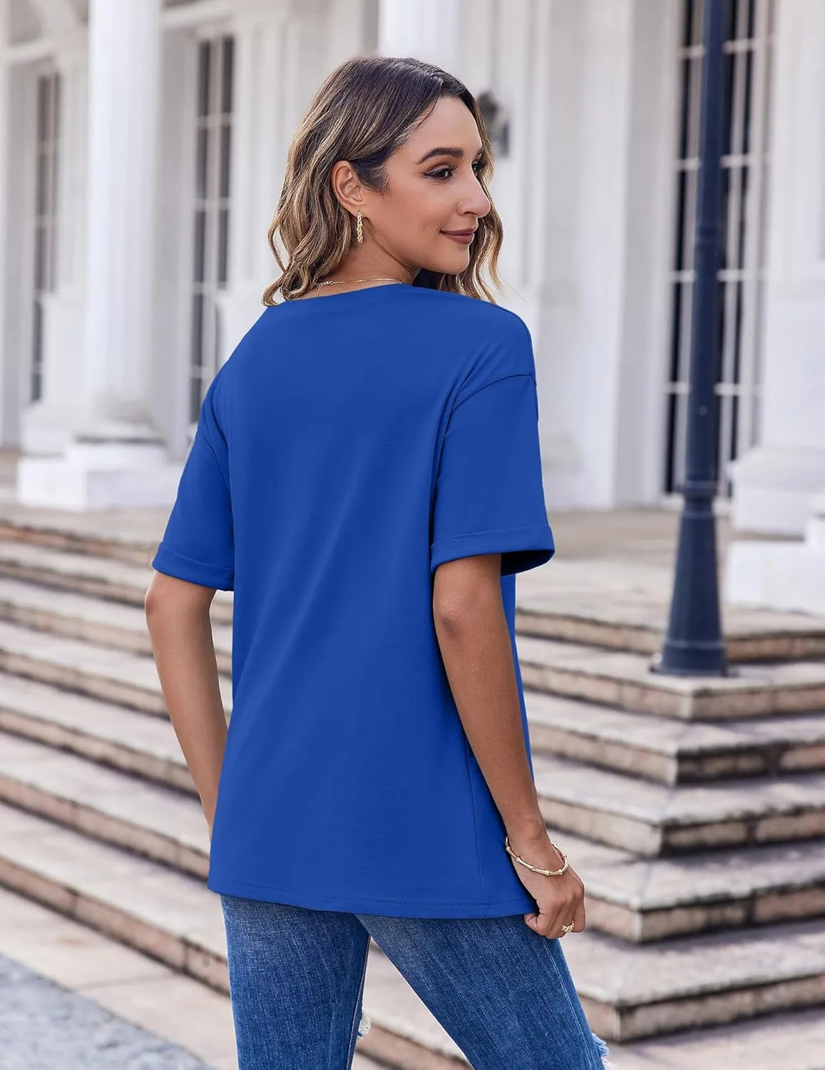 HOTOUCH Women Oversized T Shirts V Neck Short Sleeve Tees Casual Loose Tunic Summer Tops with Pocket