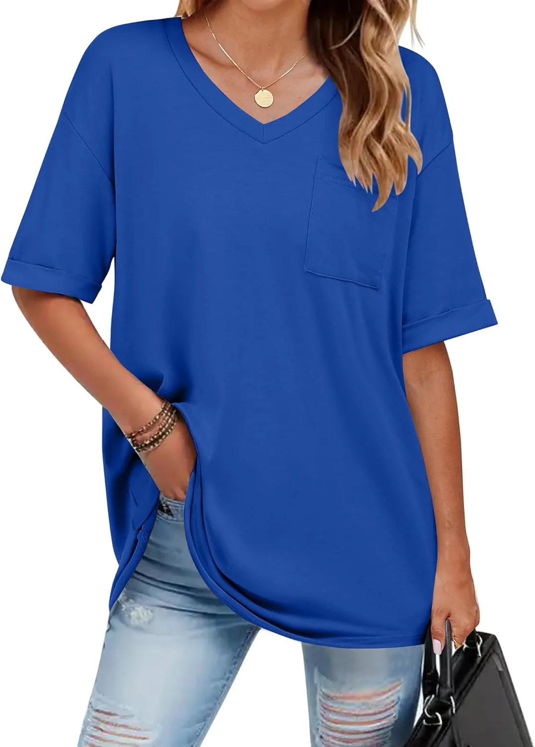 HOTOUCH Women Oversized T Shirts V Neck Short Sleeve Tees Casual Loose Tunic Summer Tops with Pocket