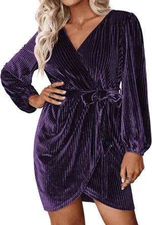 IN'VOLAND Womens Plus Size Long Sleeve Wrap Semi Formal Velvet Mini Dress Sexy V Neck Cocktail Party Midi Dress