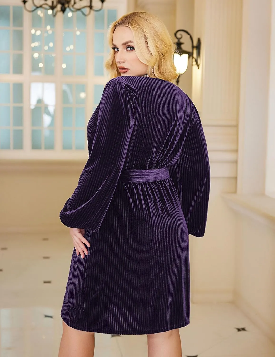 IN'VOLAND Womens Plus Size Long Sleeve Wrap Semi Formal Velvet Mini Dress Sexy V Neck Cocktail Party Midi Dress