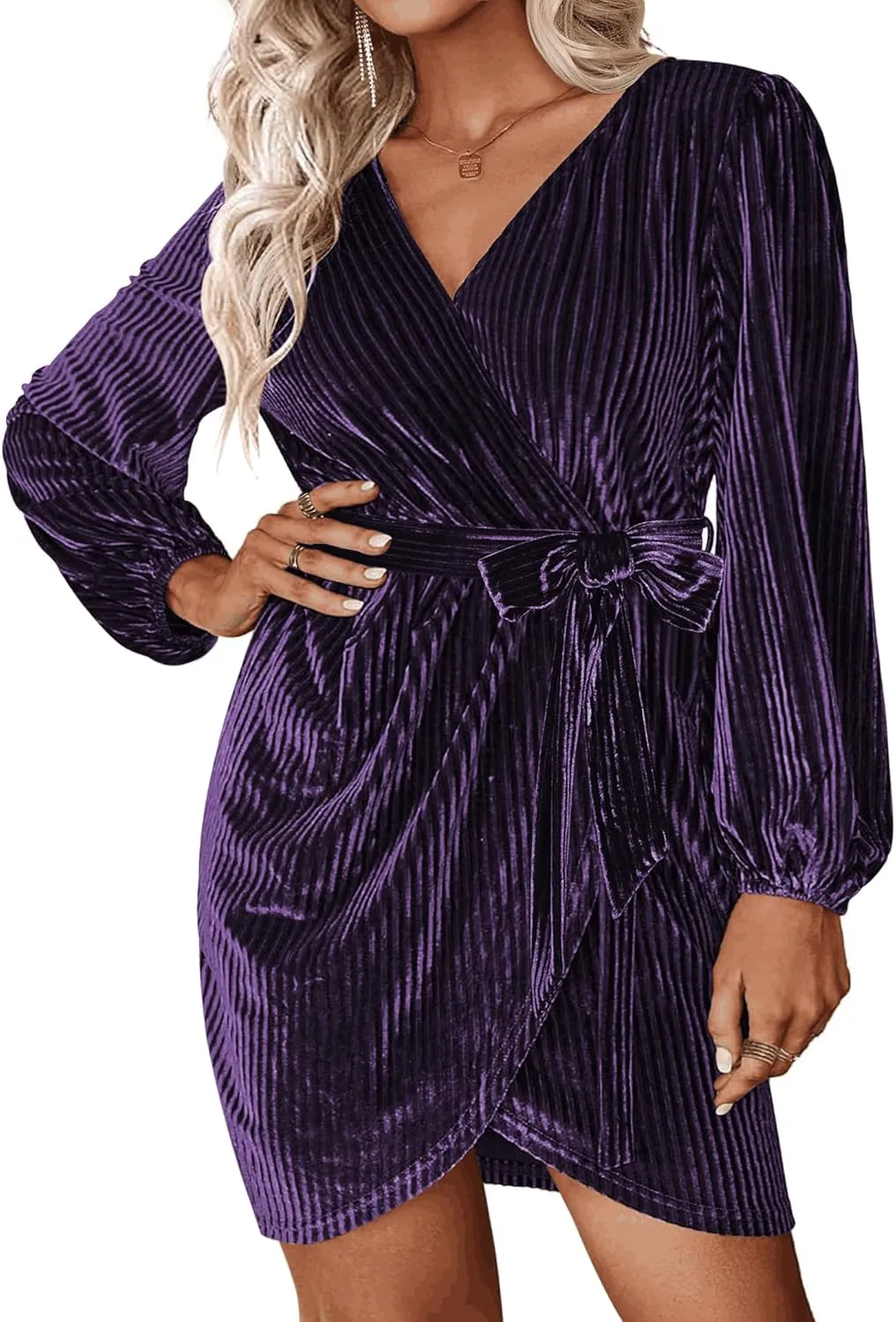 IN'VOLAND Womens Plus Size Long Sleeve Wrap Semi Formal Velvet Mini Dress Sexy V Neck Cocktail Party Midi Dress