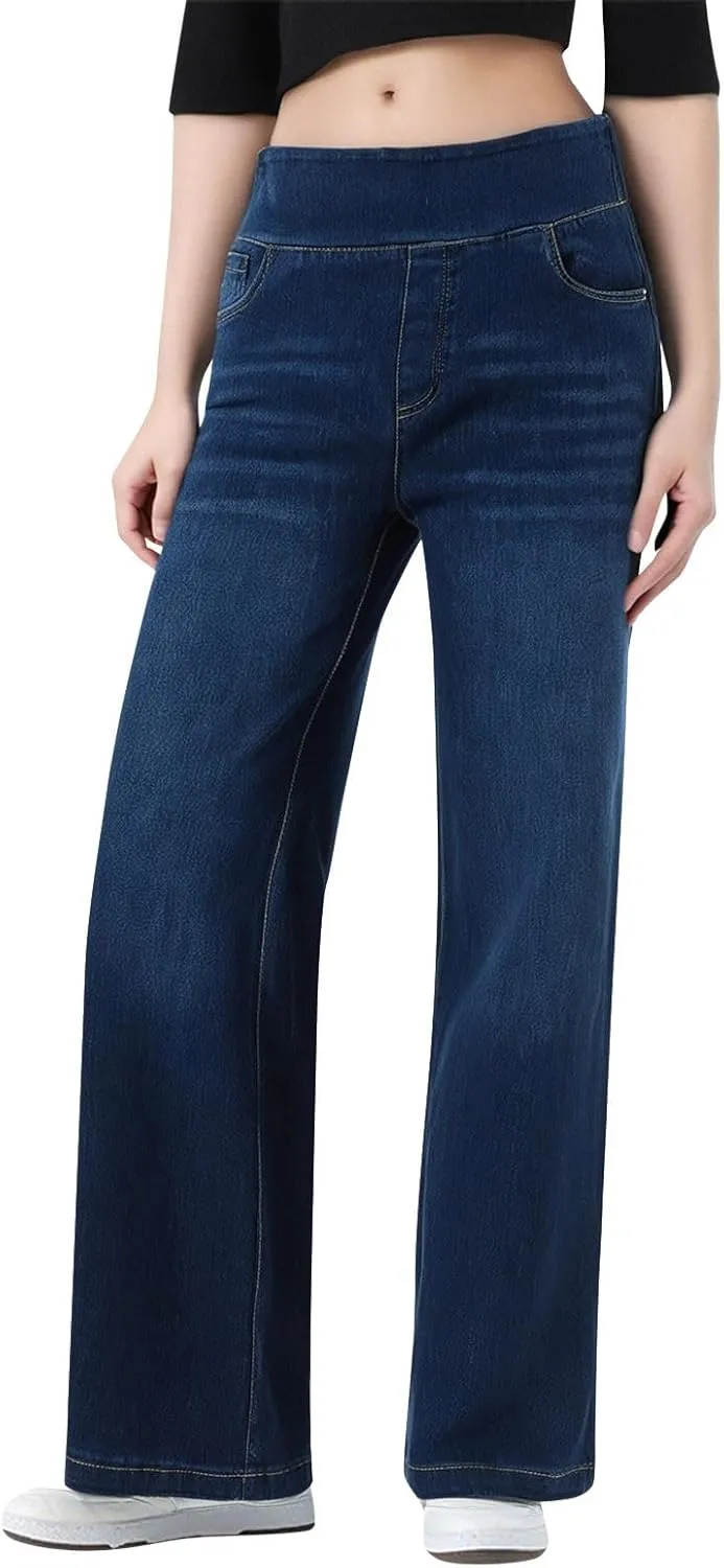 Jeans for Women 2025 New Pull On Wide Leg High Waist Stretchy Denim Pants Straight Tummy Control Loose Baggy Trendy Trousers