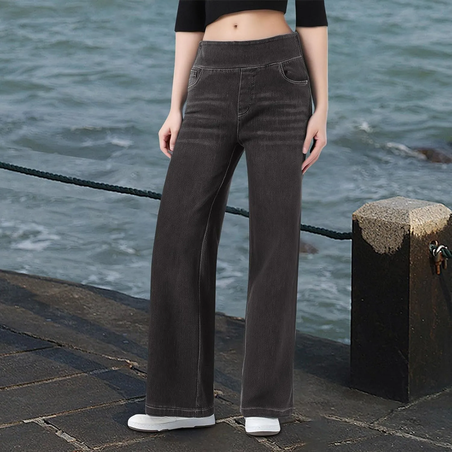 Jeans for Women 2025 New Pull On Wide Leg High Waist Stretchy Denim Pants Straight Tummy Control Loose Baggy Trendy Trousers