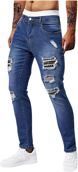 Jeans Pants for Men's 2025 Fashion Solid Color Ripped Denim Cargo Trouser Stretch Slim Fit Comfy Sweatpant