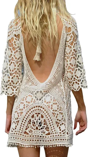 Jeasona Womens Bathing Suit Cover Up Crochet Lace Bikini Swimsuit Dress