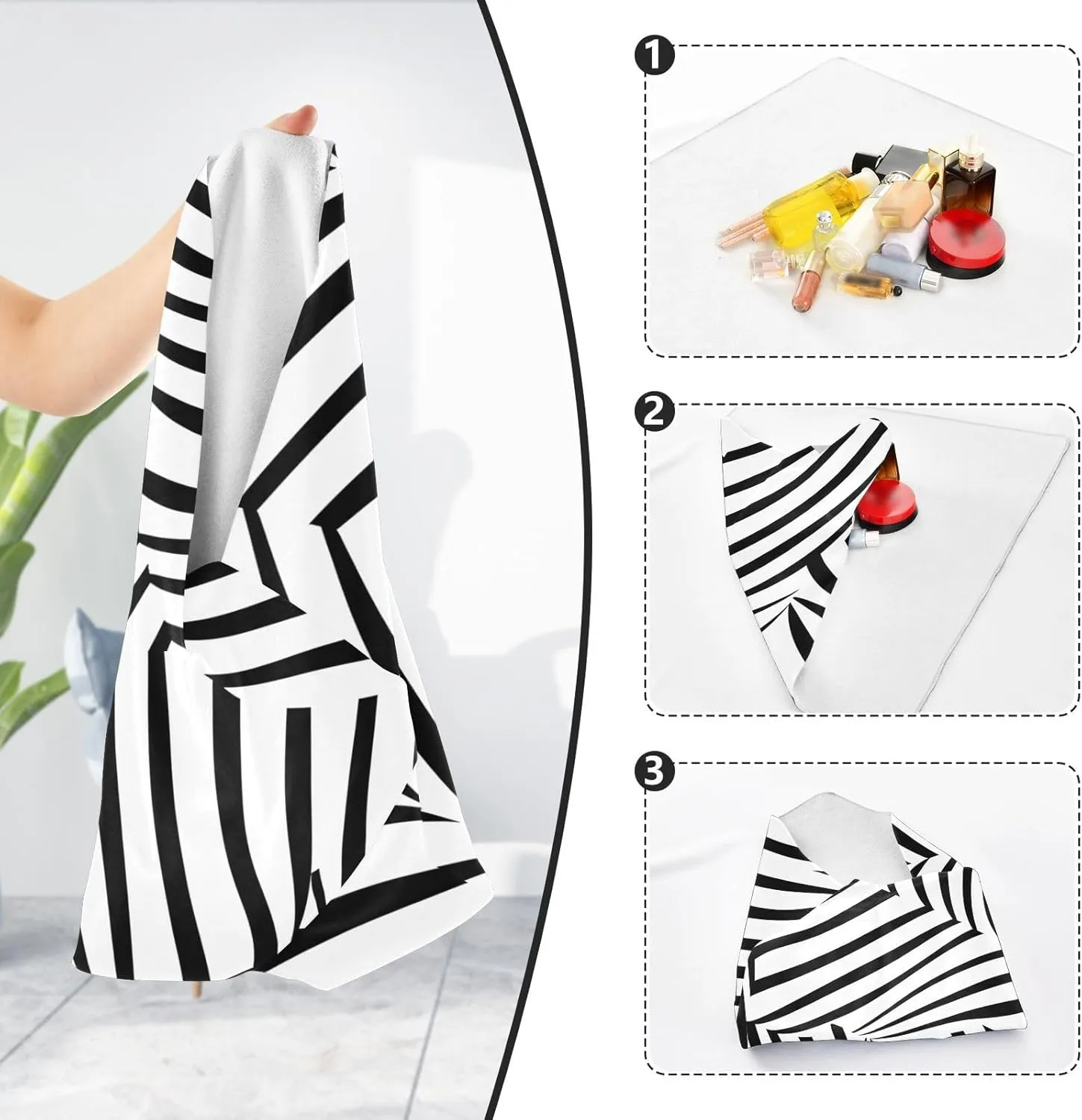 JIPONI Zebra Print Lines Makeup Bag, Self-Adhesive Magic Wrap Cloth, Portable Cosmetic Organizer, Camera Lens Protector, Travel Storage for Beauty Essentials, 21.7'x21.7'