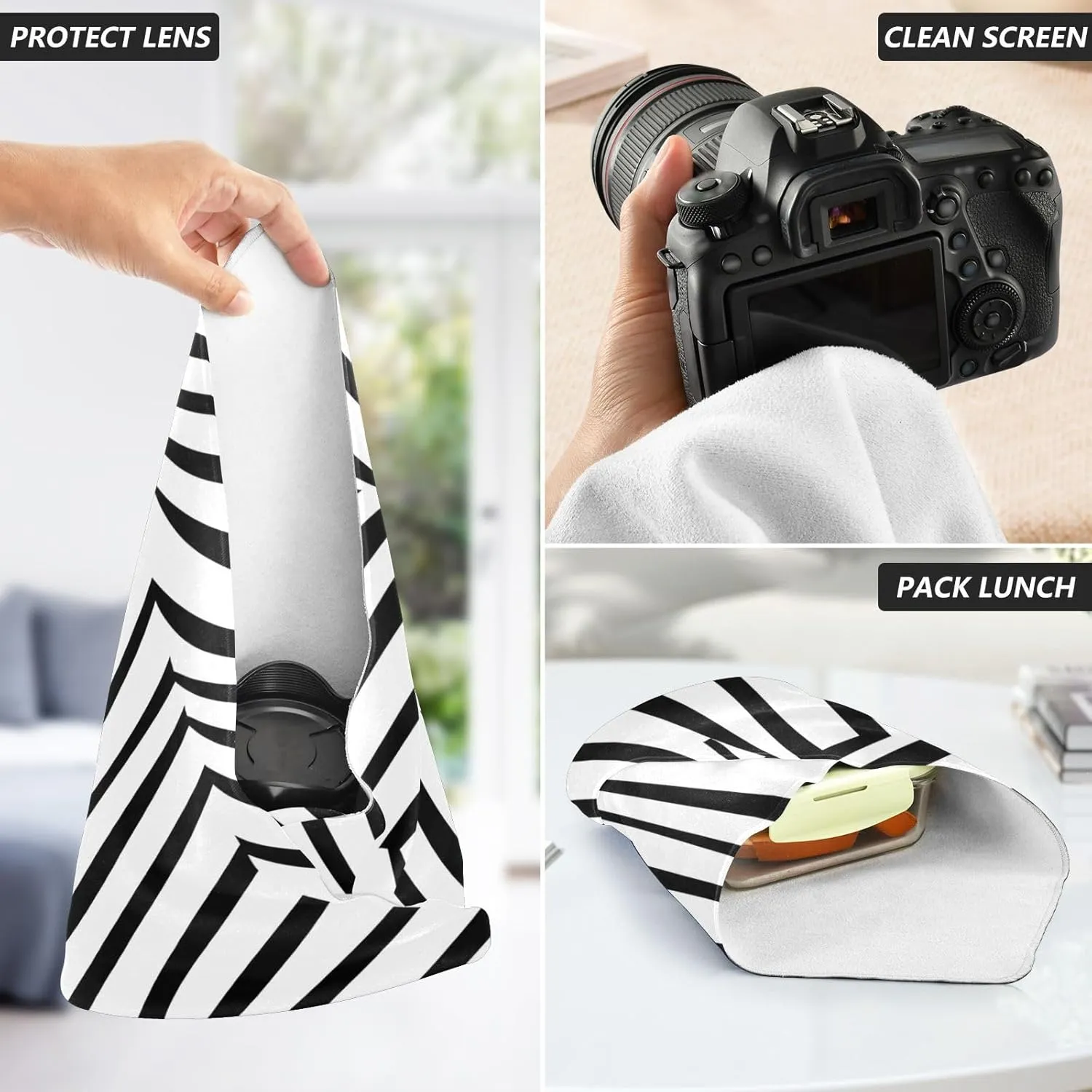 JIPONI Zebra Print Lines Makeup Bag, Self-Adhesive Magic Wrap Cloth, Portable Cosmetic Organizer, Camera Lens Protector, Travel Storage for Beauty Essentials, 21.7'x21.7'