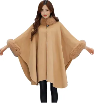 JOAU Women Winter Fashion Faux Fur Trim Shawl Loose Poncho Open Front Cardigan Warm Cape Wool Coats Cloak for Evening Dress